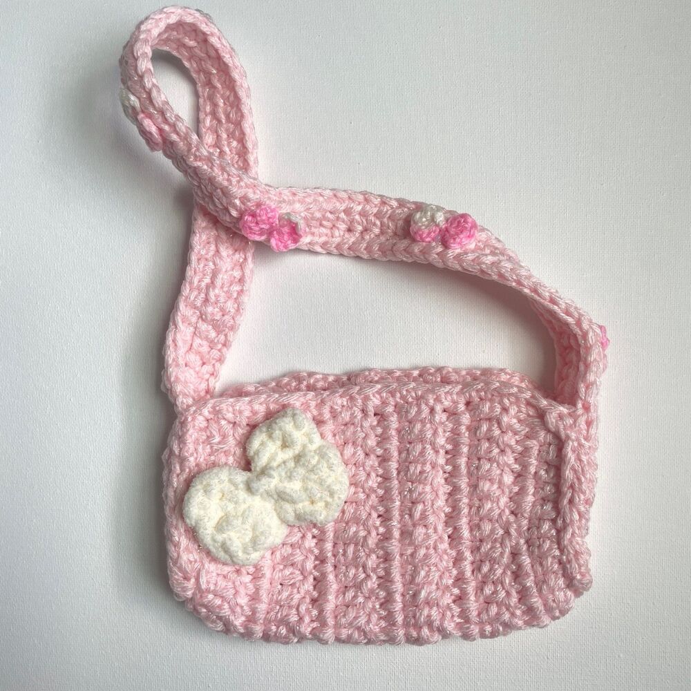 Handmade Crochet Pink Bow Mini Shoulder Bag